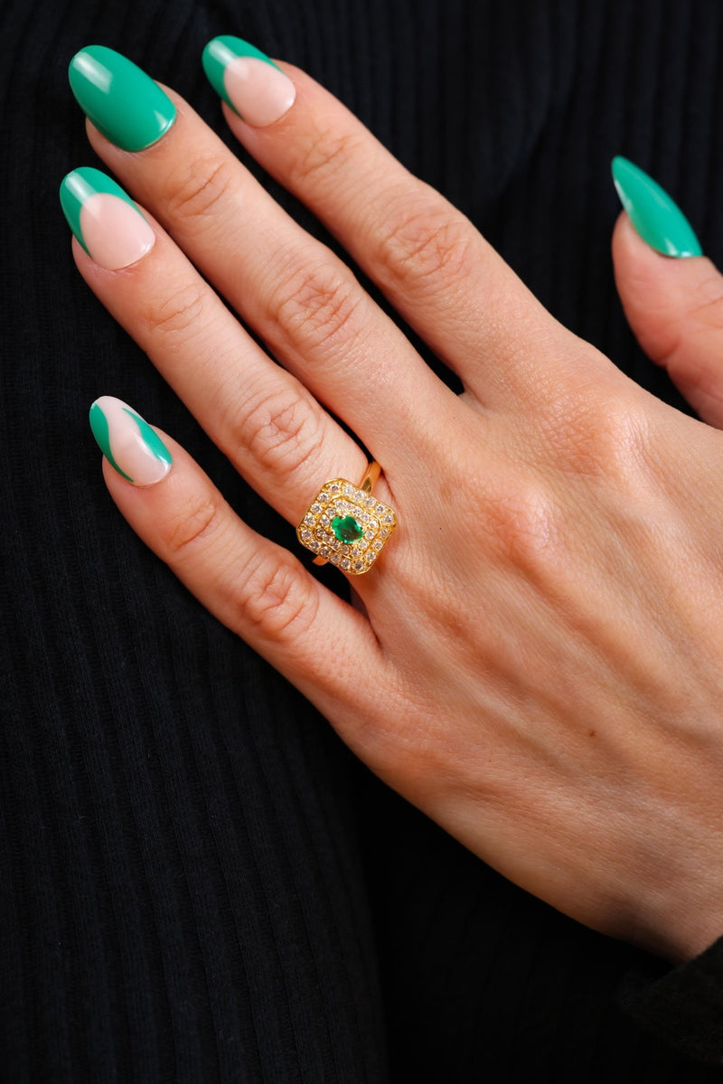 French Emerald Diamond Yellow Gold Ring