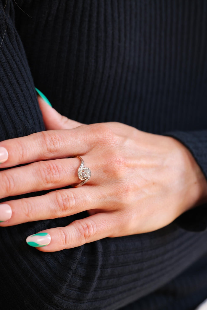 French Belle Epoque Diamond Yellow Gold Swirl Ring