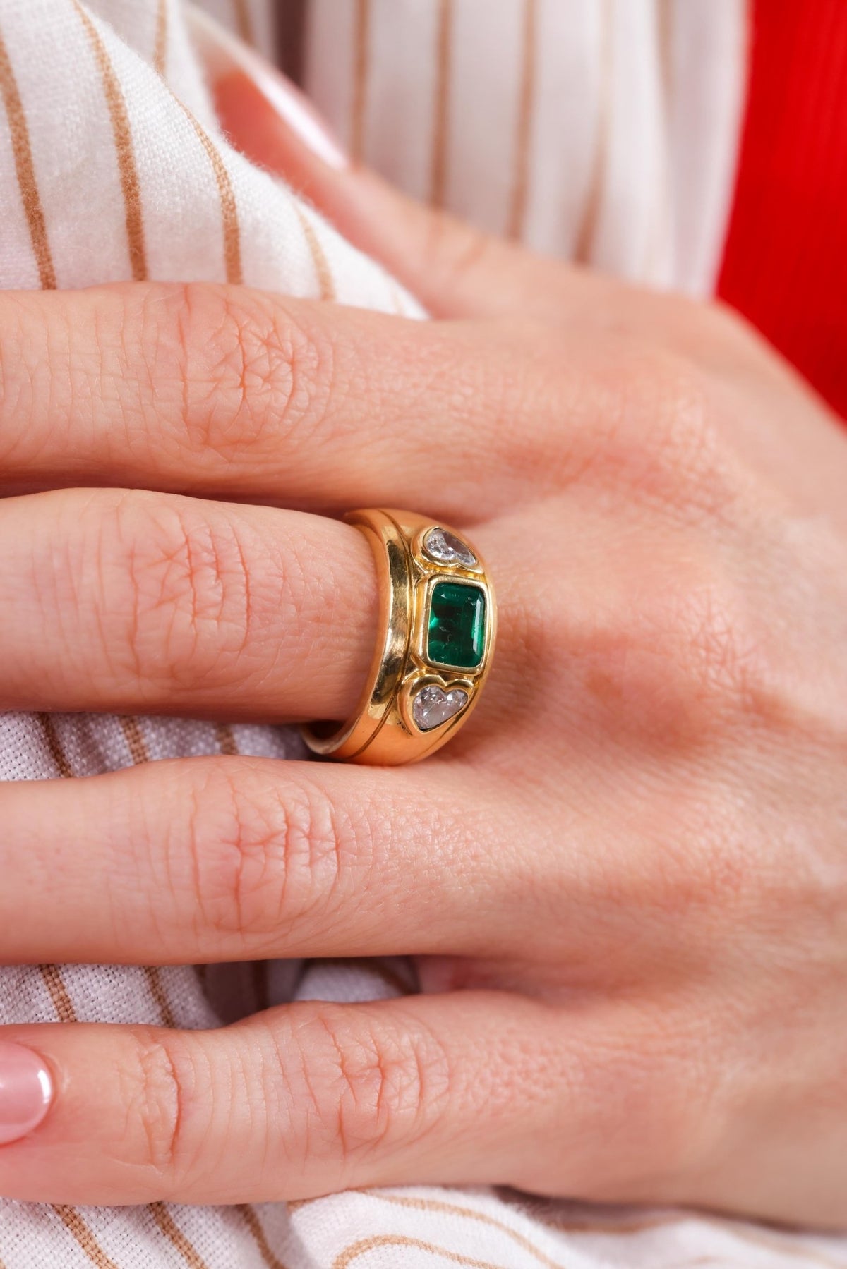 French Emerald Diamond Yellow Gold Ring