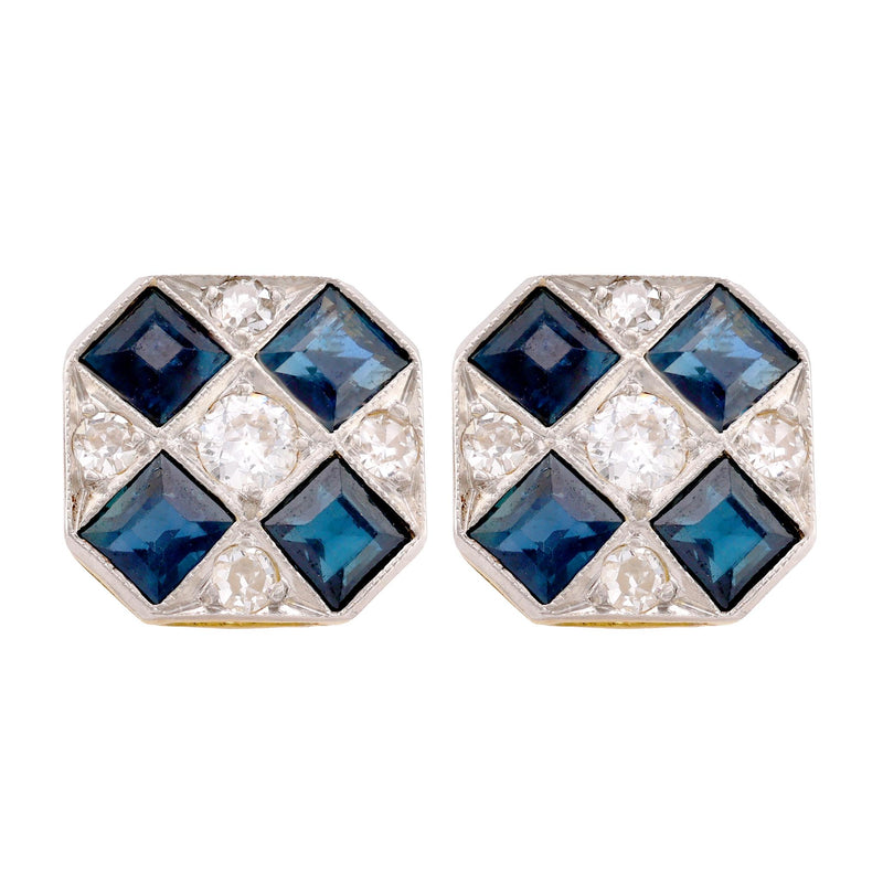 Art Deco Sapphire Diamond 14K Yellow Gold Stud Earrings