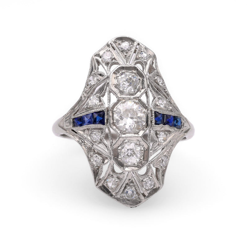 Art Deco Diamond Sapphire Platinum Navette Ring