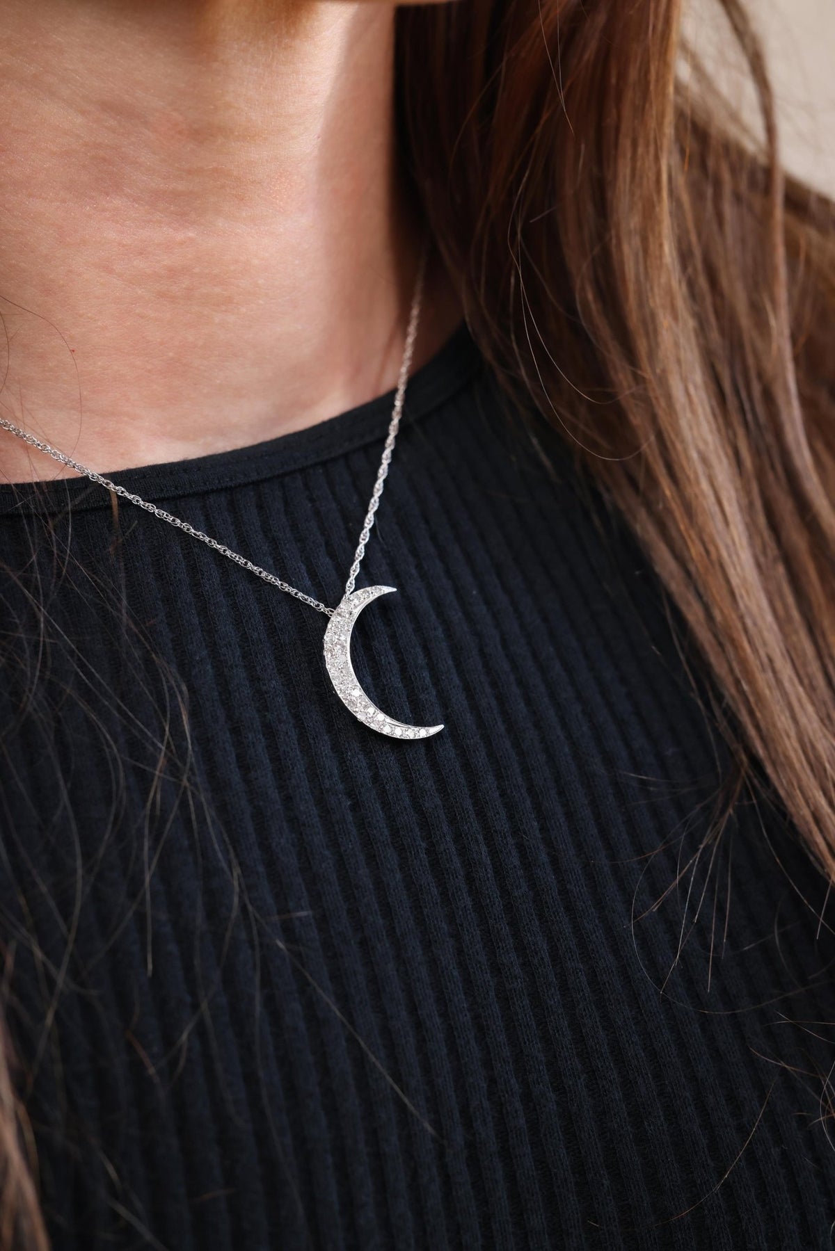 Vintage Diamond White Gold Crescent Necklace