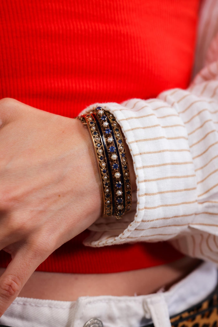 Victorian Sapphire Pearl Enamel Yellow Gold Bangle Bracelet