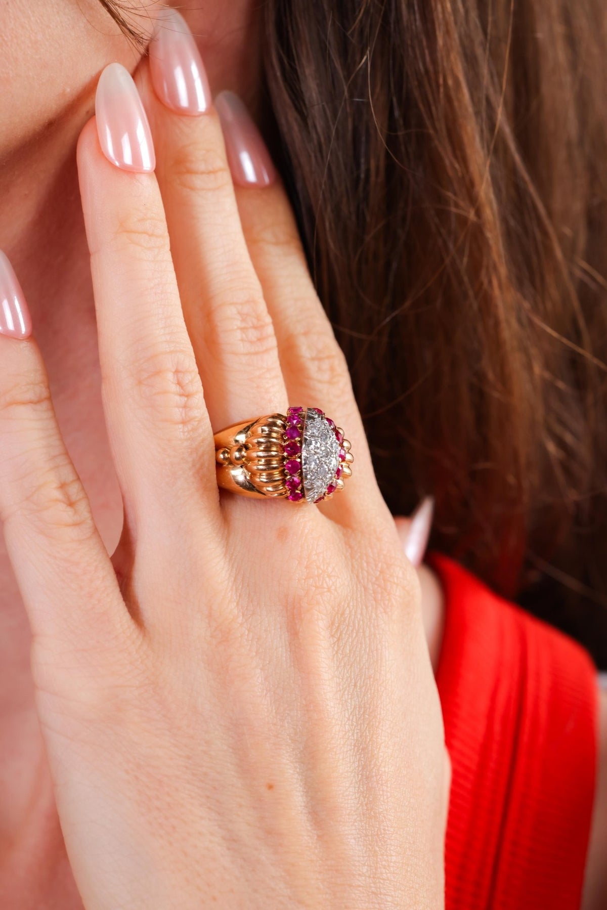 Retro Diamond Ruby Rose Gold Cocktail Ring