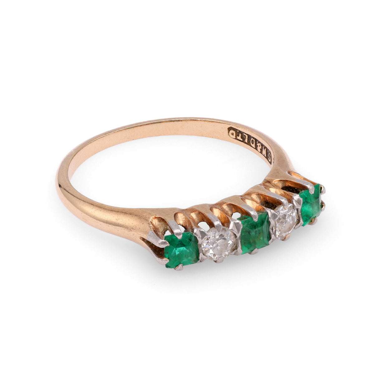 Edwardian Emerald Diamond 5 Stone Yellow Gold Band