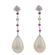 Vintage pearl ruby diamond 18k white gold drop earrings
