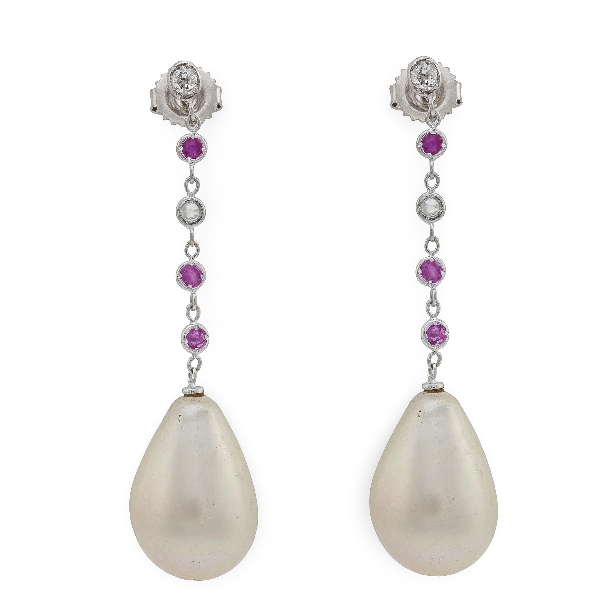 Vintage pearl ruby diamond 18k white gold drop earrings