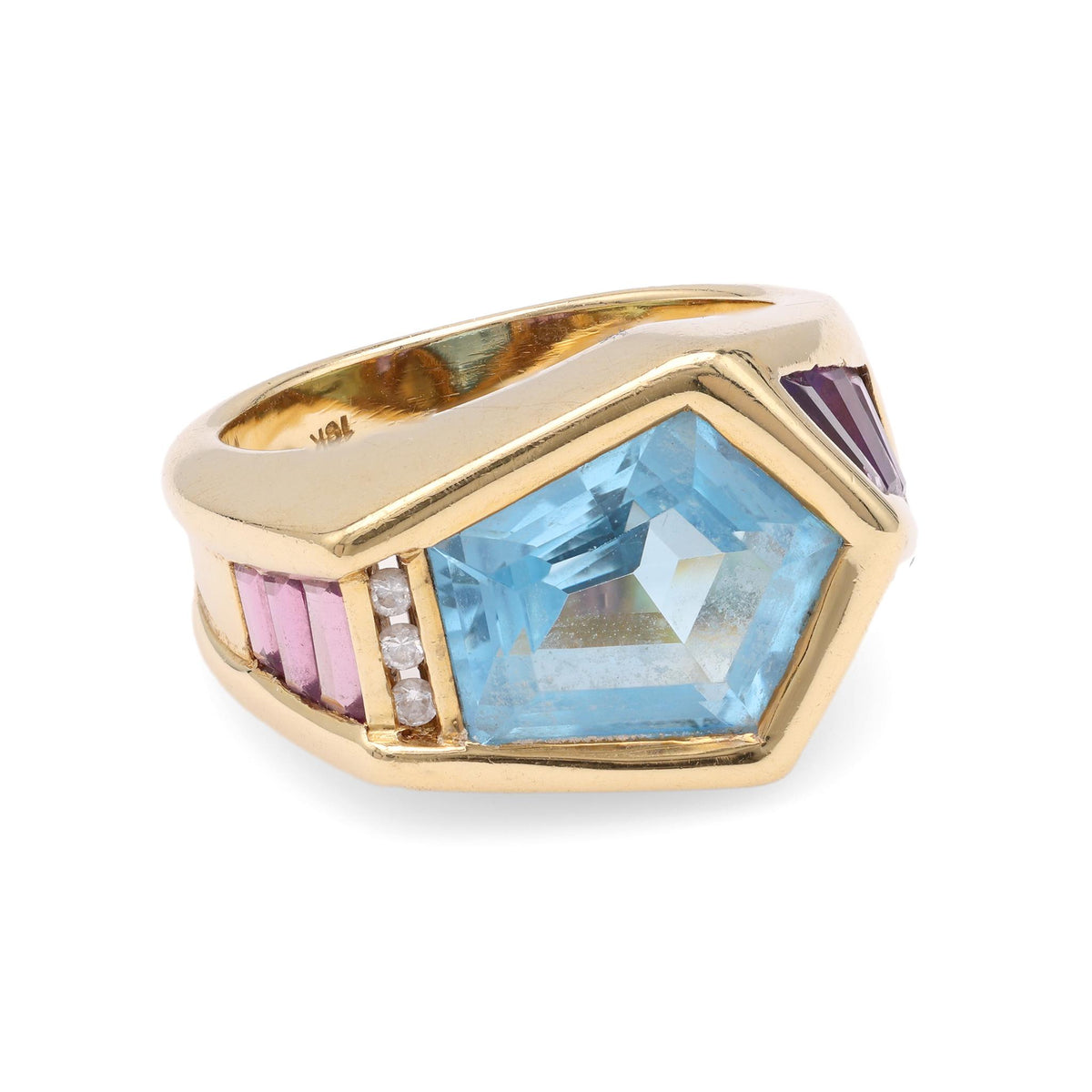 Modern Blue Topaz Amethyst Diamond Abstract Yellow Gold Ring