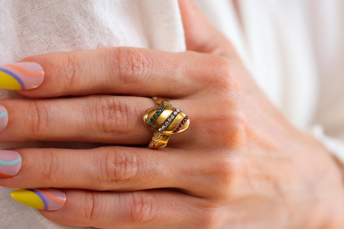 Victorian French Ruby Diamond Emerald Gold Ring