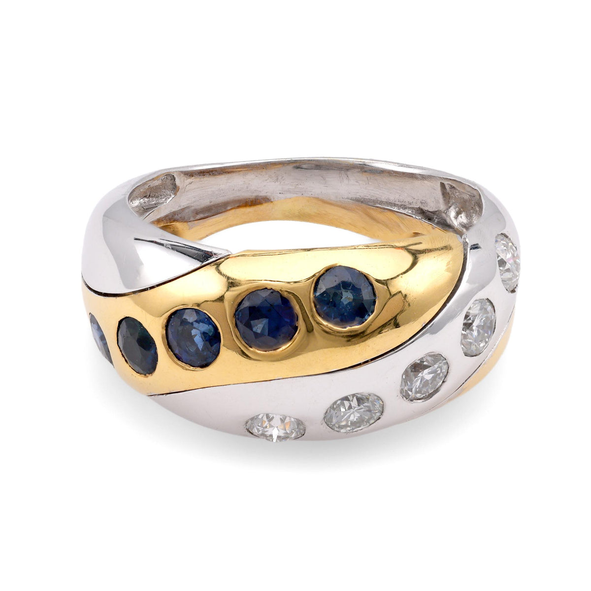 French Diamond Sapphire Two-Tone Gold Band