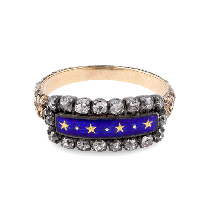 Georgian Enamel Diamond Yellow Gold & Silver Ring