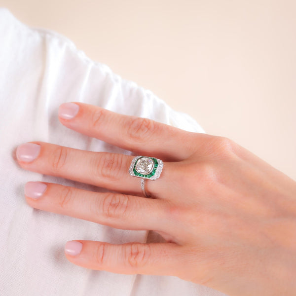 Art Deco GIA 2.11 Carat Old Mine Cut Diamond Emerald Platinum Engagement Ring