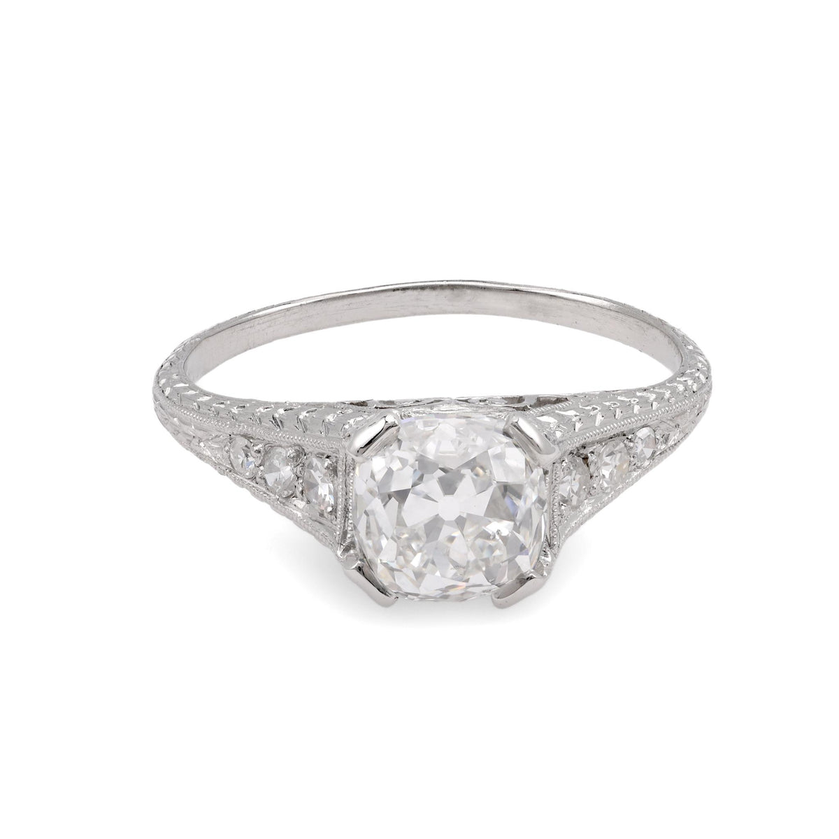 Art Deco Platinum 1.58 Carat Square Cut Diamond Filigree Ring