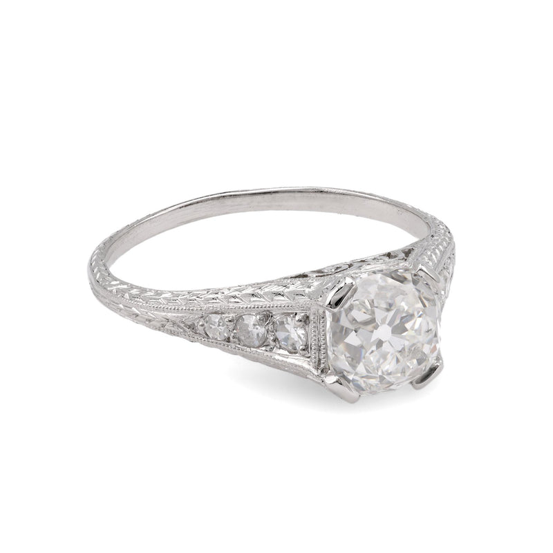 Art Deco Platinum 1.58 Carat Square Cut Diamond Filigree Ring