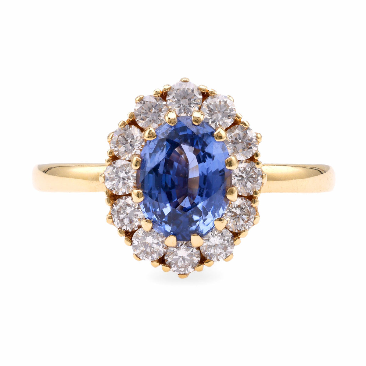 Vintage Inspired Sapphire Diamond 18K Yellow Gold Cluster Ring