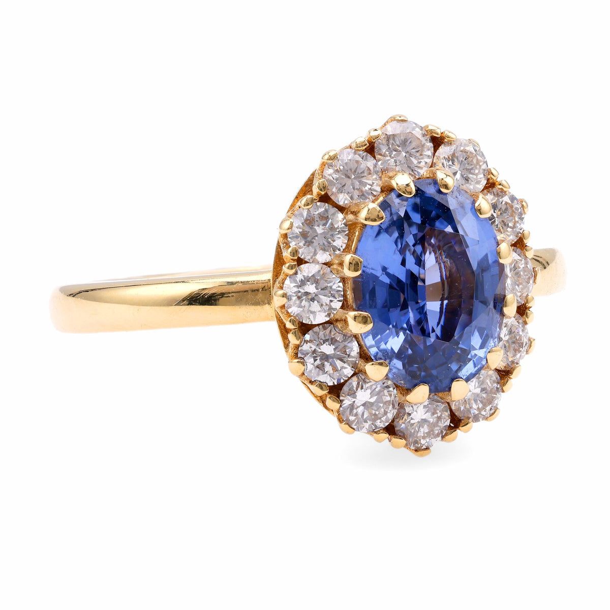 Vintage Inspired Sapphire Diamond 18K Yellow Gold Cluster Ring