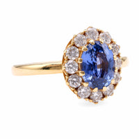 Vintage Inspired Sapphire Diamond 18K Yellow Gold Cluster Ring