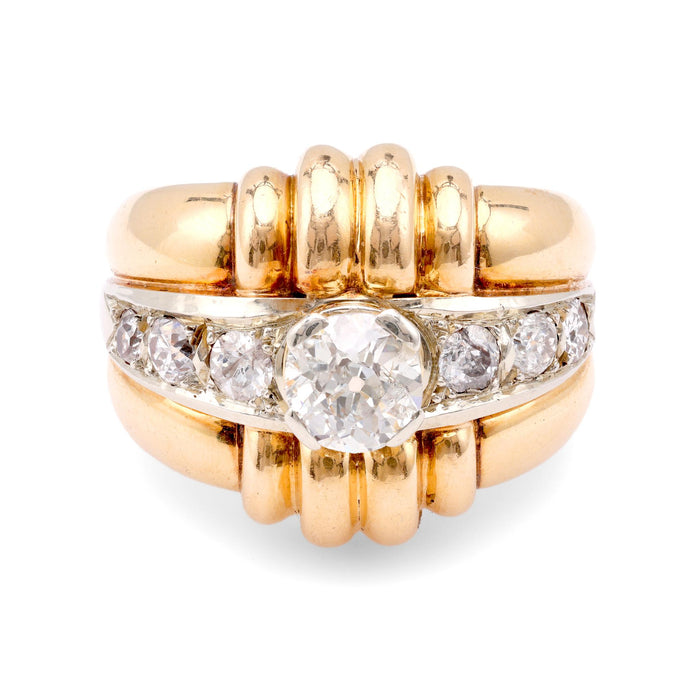 Retro French Diamond 18K Yellow Gold Tank Ring