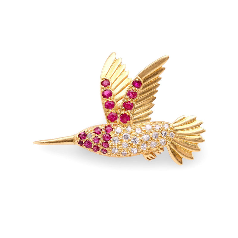 Vintage Ruby Diamond 18K Yellow Gold Humming Bird Brooch