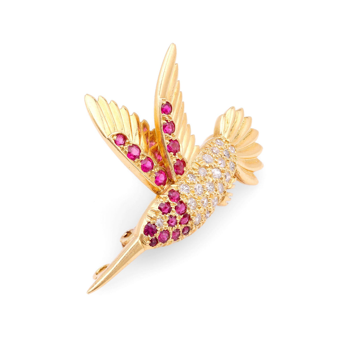 Vintage Ruby Diamond 18K Yellow Gold Humming Bird Brooch