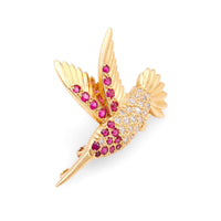 Vintage Ruby Diamond 18K Yellow Gold Humming Bird Brooch