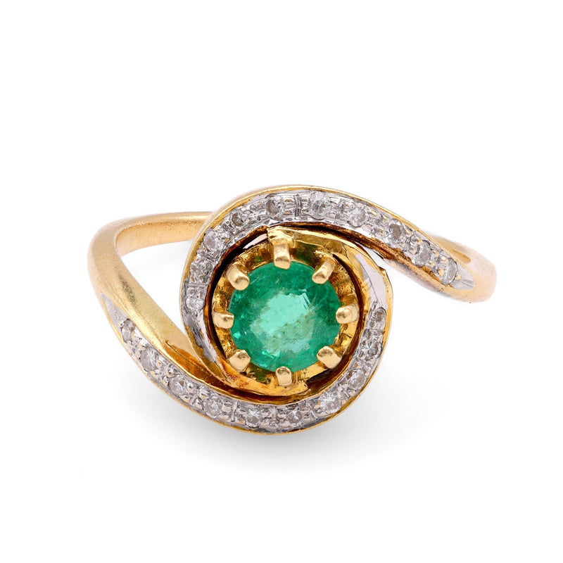 French Belle Epoque Emerald Diamond 18K Yellow Gold Swirl Ring