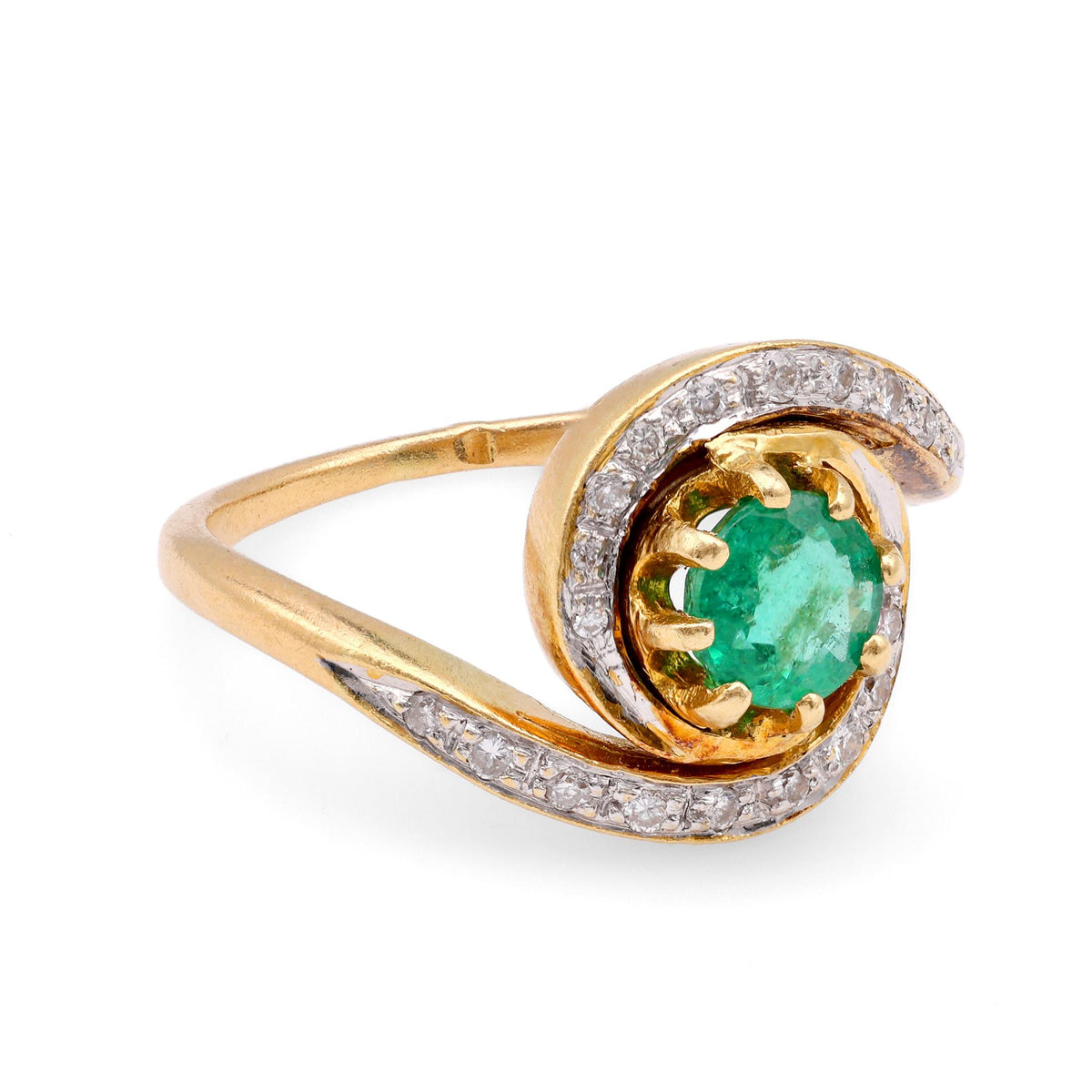 French Belle Epoque Emerald Diamond 18K Yellow Gold Swirl Ring