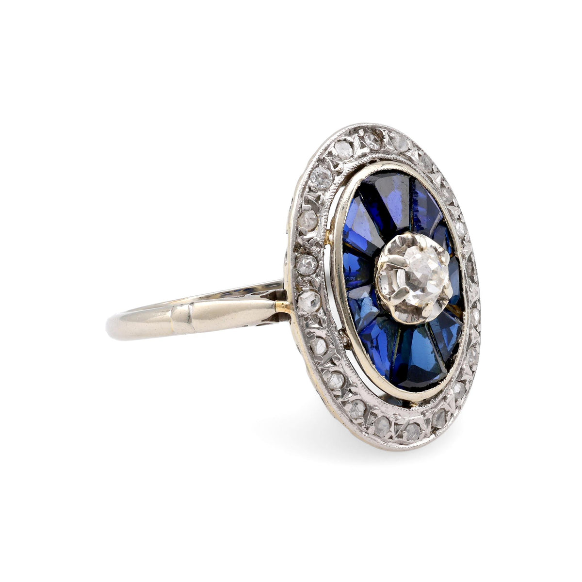 French Art Deco Diamond Sapphire White Gold Engagement Ring