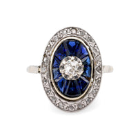 French Art Deco Diamond Sapphire White Gold Engagement Ring