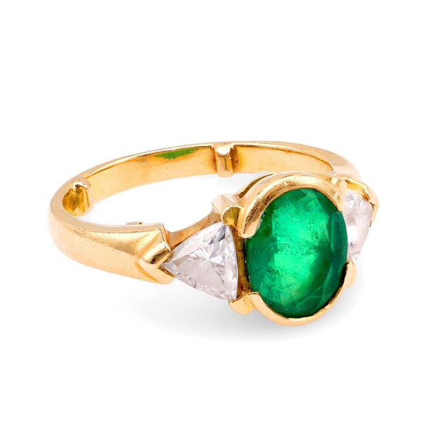 Vintage French Emerald Diamond 18K Yellow Gold Three Stone Ring