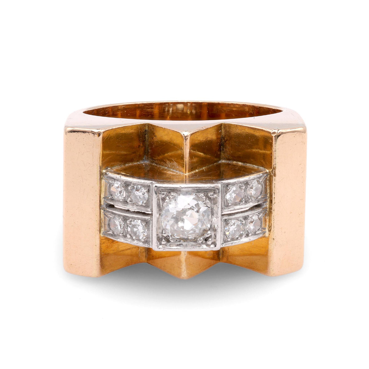 French Retro Old  European Cut Diamond 18K Rose Gold Tank Ring