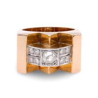 French Retro Old  European Cut Diamond 18K Rose Gold Tank Ring