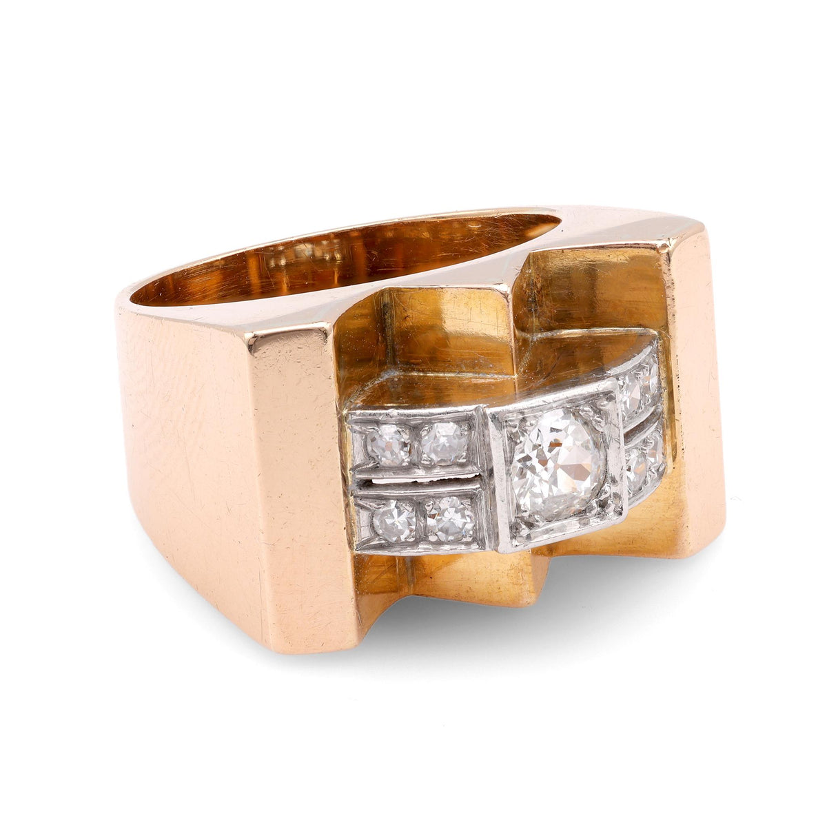 French Retro Old  European Cut Diamond 18K Rose Gold Tank Ring