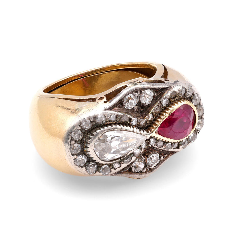 Retro French Ruby Diamond 18K Yellow Gold Twin Stone Ring