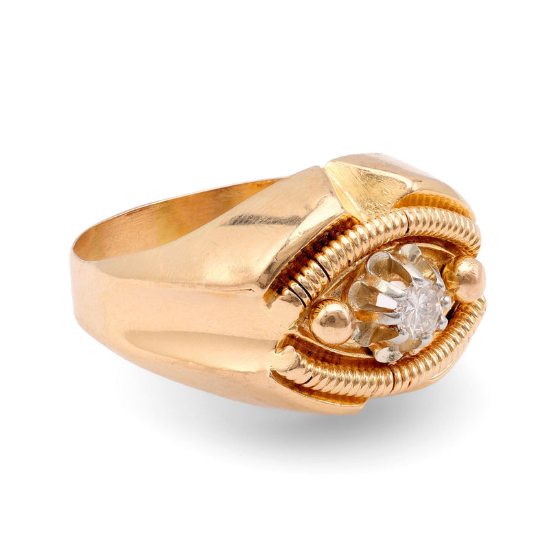 French Retro Round Brilliant Cut Diamond 18K Rose Gold Tank Ring