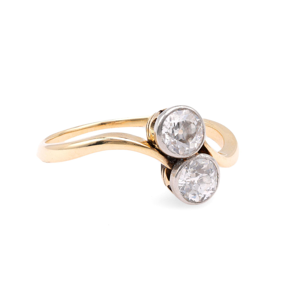 French Belle Epoque Diamond 14K Yellow Gold Platinum Toi Et Moi Ring