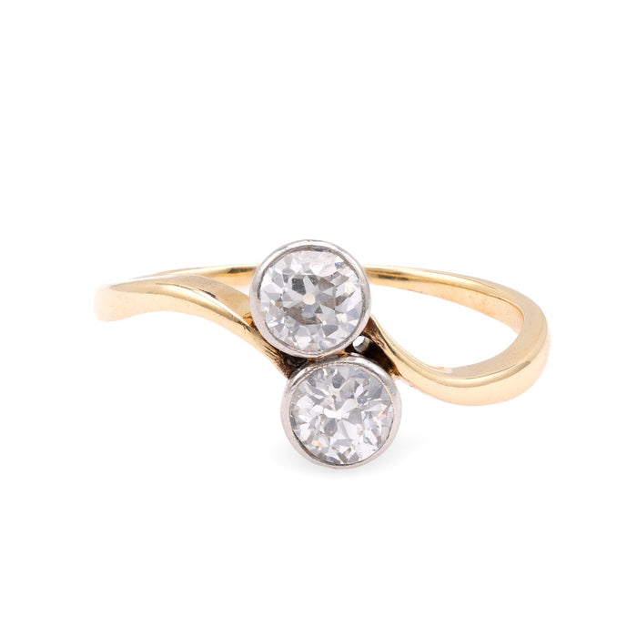 French Belle Epoque Diamond 14K Yellow Gold Platinum Toi Et Moi Ring