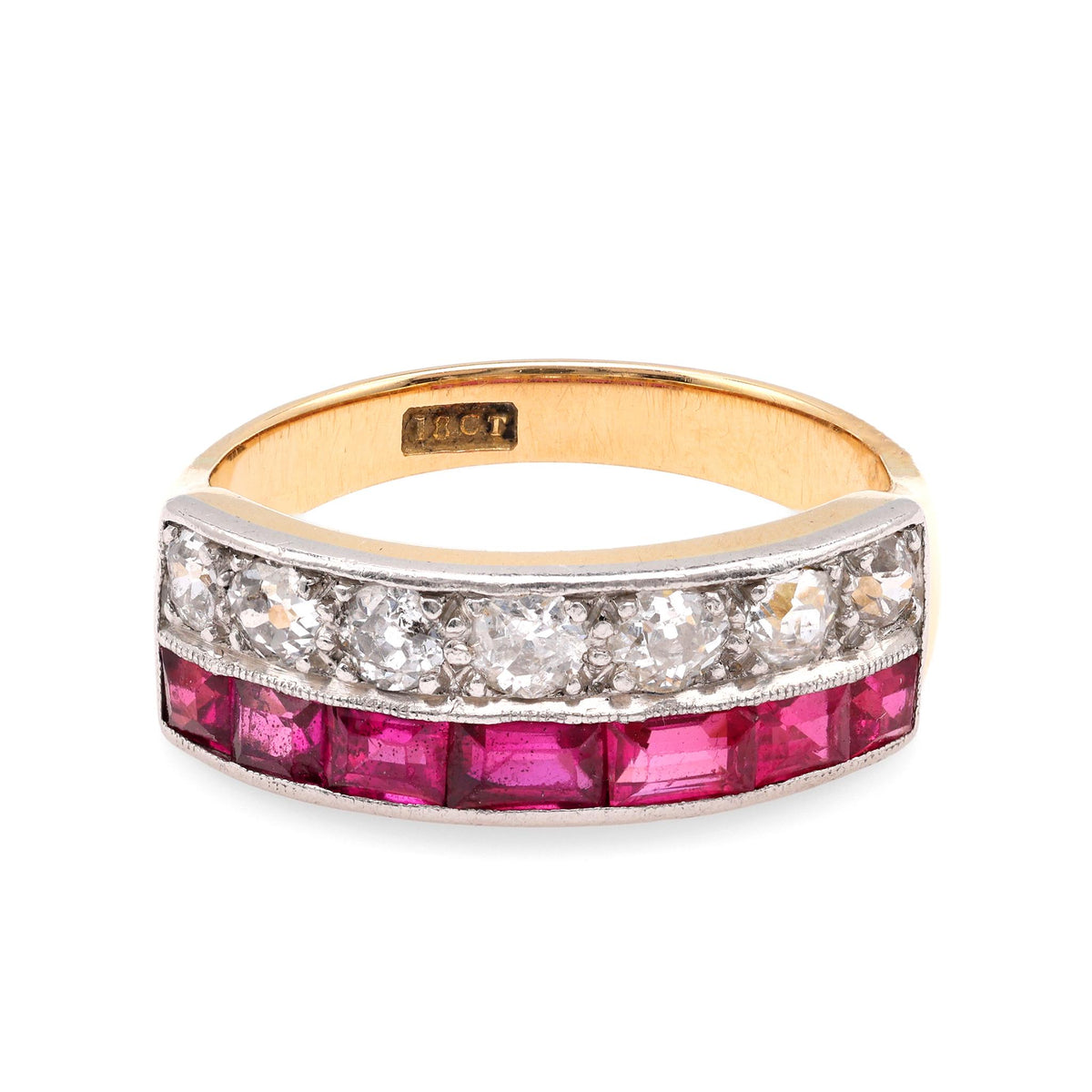 Retro Emerald Cut Ruby Diamond 18K Yellow Gold Ring