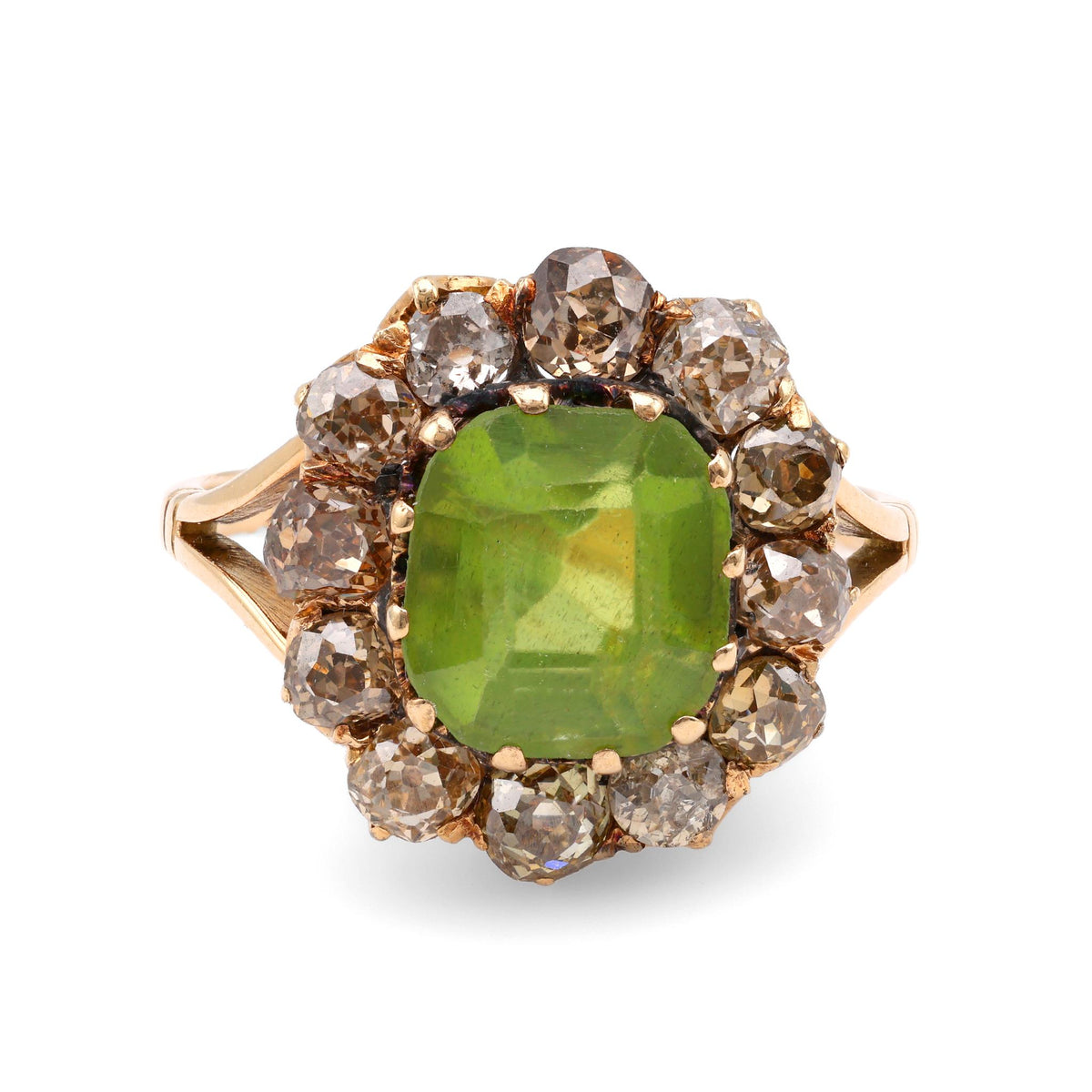 Victorian Peridot Fancy Brown Diamond 18K Rose Gold Cluster Ring