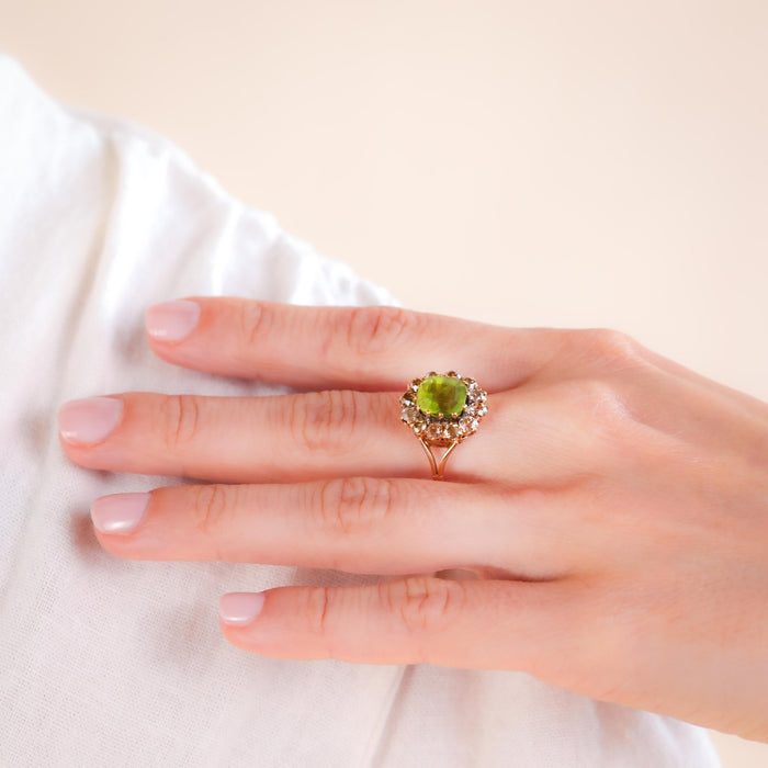 Victorian Peridot Fancy Brown Diamond 18K Rose Gold Cluster Ring