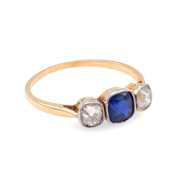 French Belle Epoque Sapphire 18K Yellow Gold Diamond Ring