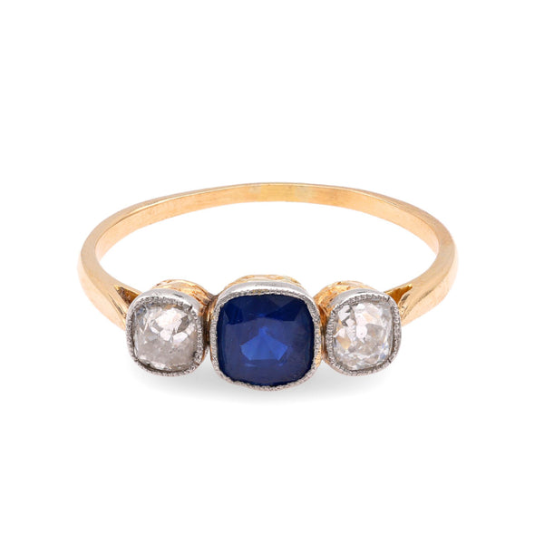 French Belle Epoque Sapphire 18K Yellow Gold Diamond Ring