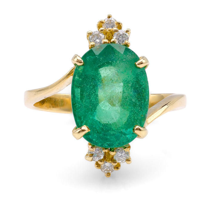 Vintage 4.4 Carat Oval Emerald Diamond 18K Yellow Gold Ring