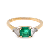 Vintage Emerald Diamond 18K Yellow Gold Three Stone Ring