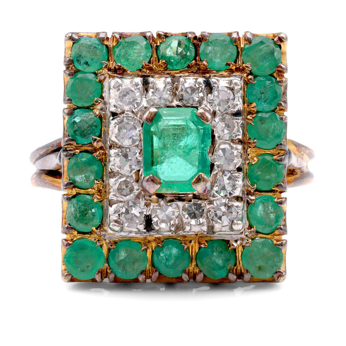 Belle Époque French Emerald Diamond 14K Yellow Gold Halo Ring