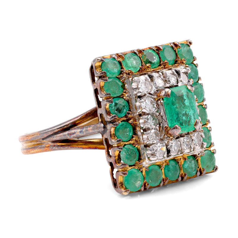 Belle Époque French Emerald Diamond 14K Yellow Gold Halo Ring