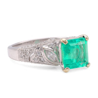 Mid-Century Emerald Diamond 18K White Gold Ring