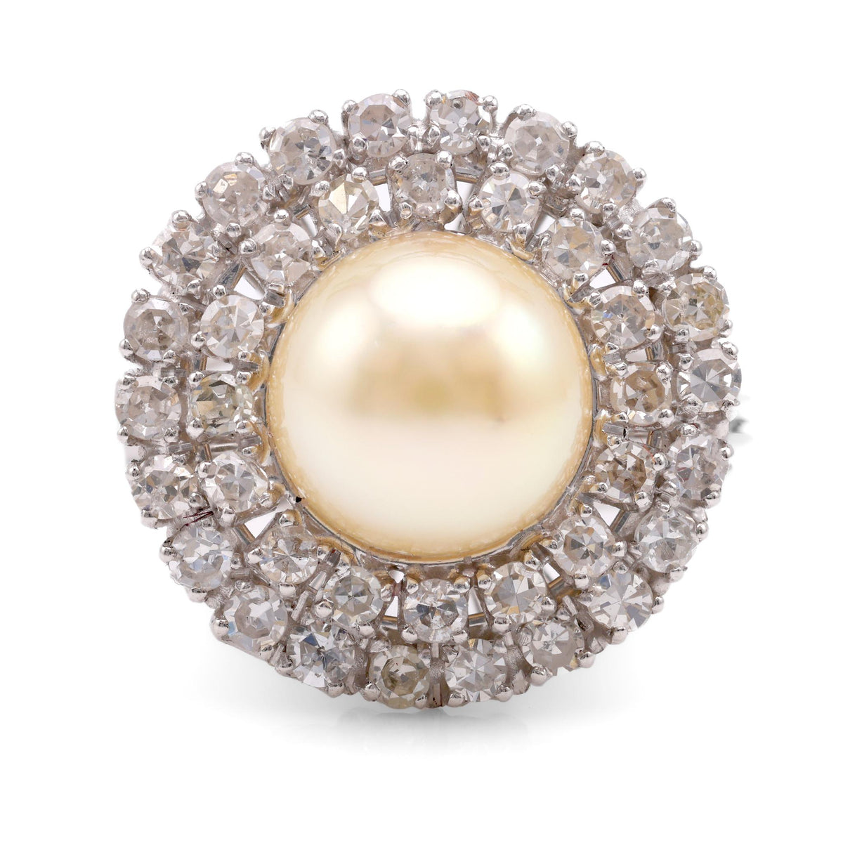 Mid Century Pearl Diamond Platinum Cluster Ring