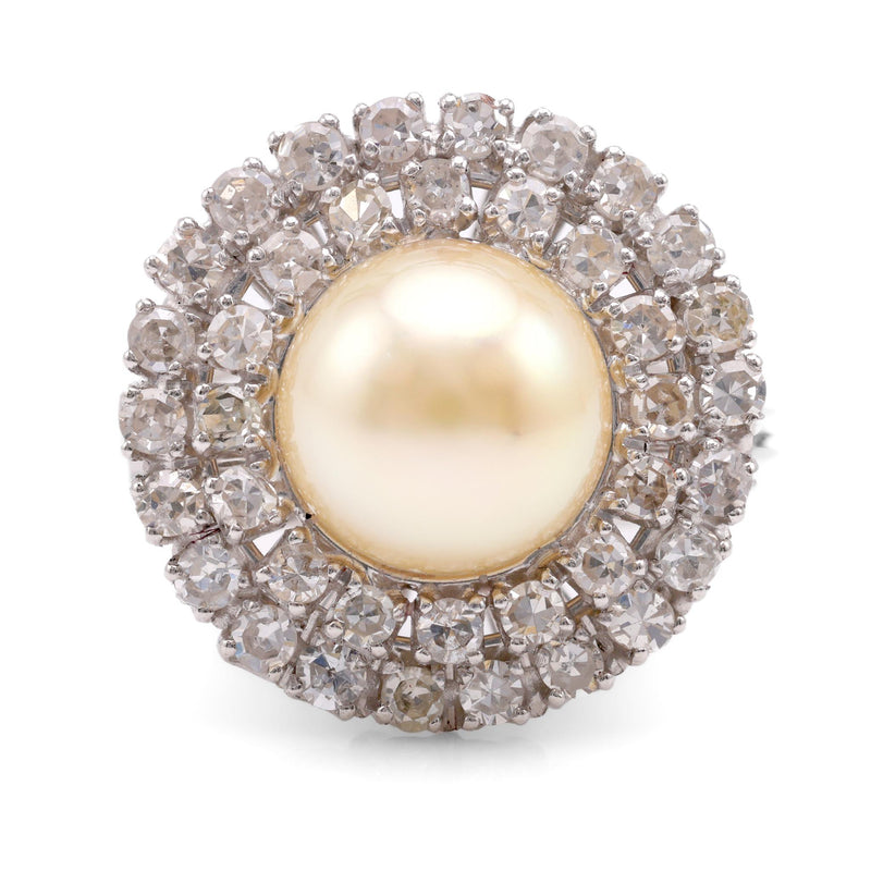 Mid Century Pearl Diamond Platinum Cluster Ring