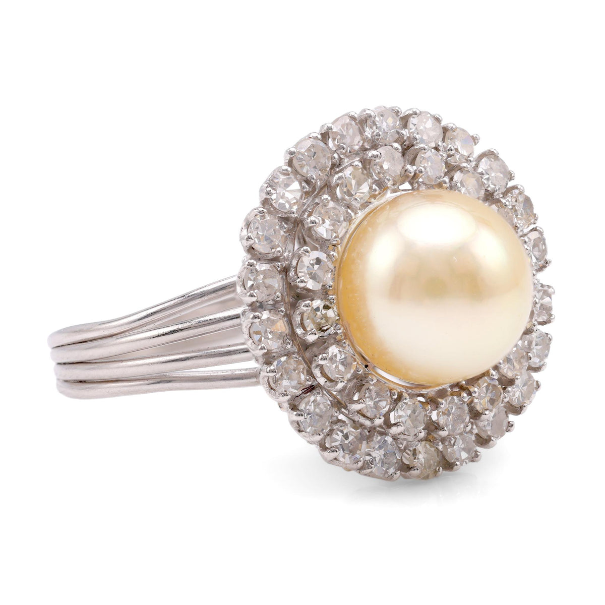 Mid Century Pearl Diamond Platinum Cluster Ring